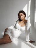 White Off Shoulder Ruched Drawstring Lantern Sleeve Bodycon Elegant Maternity Photoshoot Baby Shower Mini Dress Maternity