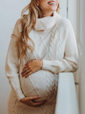 Beige Knitted High Neck Casual Daily Oversized Maternity Photoshoot Baby Shower Mini Dress Maternity