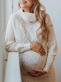 Beige Knitted High Neck Casual Daily Oversized Maternity Photoshoot Baby Shower Mini Dress Maternity
