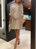 Sequin Sparkly Long Sleeve Belt Round Neck Photoshoot Formal Babyshower Maternity Mini Dress Maternity