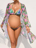 Tropical Print Halter Triangle Bikini Swimsuit With Kimono Beach Fashion Maternity Swimwear Maternity