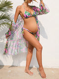 Tropical Print Halter Triangle Bikini Swimsuit With Kimono Beach Fashion Maternity Swimwear Maternity