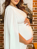 White Belly Friendly One-Shoulder Bodycon Cape Sleeve Babyshower Maternity Jumpsuit Maternity