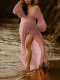 Slit Deep V-neck Lantern Sleeve Elegant Photoshoot Maternity Maxi Dress Maternity