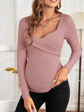 Solid Color Chest Cross V-Neck Long Sleeve Nursing Top Maternity Top Maternity