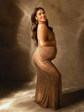 Apricot Sheer Rhinestone Diamond Cami Bodycon Fashion Party Club Maternity Photoshoot Baby Shower Maxi Dress Maternity