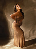 Apricot Sheer Rhinestone Diamond Cami Bodycon Fashion Party Club Maternity Photoshoot Baby Shower Maxi Dress Maternity