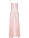 Pink Spaghetti Strap Backless Sheer Big Swing Chic Maternity Maxi Dress Maternity