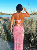 Spaghetti Strap Backless cami Printing Butterfly Bodycon Chic Maternity Maxi Dress Maternity