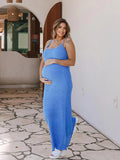 Blue Spaghetti Strap Backless Crochet Mermaid Bandage Bodycon Vacation Photoshoot Maternity Maxi Dress Maternity