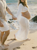 White Tie Front Crop V-Neck Crochet Beach Vacation Photoshoot Maternity Maxi Dress Maternity