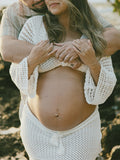 White Tie Front Crop V-Neck Crochet Beach Vacation Photoshoot Maternity Maxi Dress Maternity
