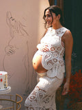 White Lace Cut Out Crop Hollow Irregular 2-in-1 Babyshower Maternity Maxi Dress Maternity