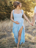Solid Color Ruffled Side Slit Tank Square Neck Elegant Maternity Maxi Dress Maternity