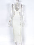 White Crochet Cut Out Backless Halter Neck Bodycon Chic Vacation Open Belly Maternity Dress Maternity