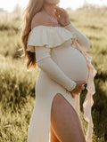 Apricot Off Shoulder Side Slit Ruffle Falbala Draped Elegant Going Out Maternity Photoshoot Baby Shower Maxi Dress Maternity