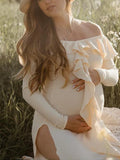 Apricot Off Shoulder Side Slit Ruffle Falbala Draped Elegant Going Out Maternity Photoshoot Baby Shower Maxi Dress Maternity
