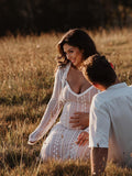 Ivory Lace Two Piece Set Side Slit V-neck Cami Maxi Dress And Crop Cardigan Elegant Going Out Maternity Photoshoot Baby Shower Maxi Dress Maternity