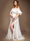 Solid Color Off Shoulder Backless Ruffle Side Slit Chiffon Photoshoot Maternity Maxi Dress Maternity