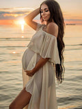 Solid Color Off Shoulder Backless Ruffle Side Slit Chiffon Photoshoot Maternity Maxi Dress Maternity