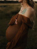 Coffee Color V-Neck Knitting Cut Out Beach Vacation Photoshoot Maternity Maxi Dress Maternity
