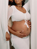 White Drawstring Crop Sheer Knitting 2-in-1 Bodycon Mermaid Beach Vacatiom Photoshoot Maternity Maxi Dress Maternity