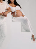 White Drawstring Crop Sheer Knitting 2-in-1 Bodycon Mermaid Beach Vacatiom Photoshoot Maternity Maxi Dress Maternity