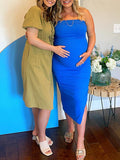 Blue Knit Bandeau Side Slit Strapless Bodycon Eleagnt Going Out Maternity Photoshoot Baby Shower Maxi Dress Maternity