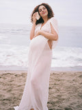 White Irregular Side Slit Off Shoulder Deep V-neck Flowy Beach Cover Up Elegant Vacation Maternity Photoshoot Baby Shower Maxi Dress Maternity