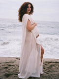 White Irregular Side Slit Off Shoulder Deep V-neck Flowy Beach Cover Up Elegant Vacation Maternity Photoshoot Baby Shower Maxi Dress Maternity