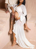 White Ruffle Cut Out Crop Irregular Split Sheer Vacation Dress Bodycon Photoshoot Maternity Maxi Dress Maternity