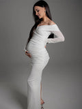 White Off Shoulder Sparkly Back Slit Sheer Bodycon Elegant Baby Shower Evening Photoshoot Maternity Maxi Dress Maternity