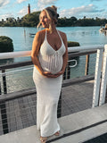 White Drawstring Halter Neck Backless Bodycon Knitting Sheer Photoshoot Maternity Maxi Dress Maternity