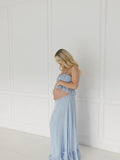 Blue Falbala Two Piece Set Cami Ruffle Crop Top And Big Swing Maxi Skirt Elegant Baby Moon Beach Maternity Photoshoot Baby Shower Maxi Dress Maternity