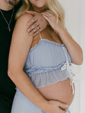 Blue Falbala Two Piece Set Cami Ruffle Crop Top And Big Swing Maxi Skirt Elegant Baby Moon Beach Maternity Photoshoot Baby Shower Maxi Dress Maternity