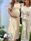 Apricot Off Shoulder Ruched Pleated Big Swing Maternity Baby Shower Maxi Dress Maternity
