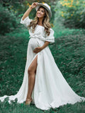 Solid Color Off Shoulder Backless Ruffle Crop Side Slit 2-in-1 Photoshoot Maternity Maxi Dress Maternity
