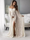 Boho Lace Off Shoulder Lace Tassel Crop 2-in-1 Side Slit Ruffle Photoshoot Maternity Maxi Dress Maternity