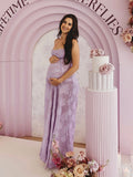 Violet Spaghetti Strap Backless Tie Back Big Swing Drawstring Baby Shower Maternity Maxi Dress Maternity
