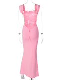 Pink Spaghetti Strap Backless Tie Back Bandage Mermaid Bodycon Elegant Baby Shower Maternity Maxi Dress Maternity