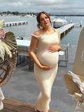 Apricot Irregular Side Slit Asymmetric Shoulder Bodycon Elegant Babyshower Dress Photoshoot Maternity Maxi Dress Maternity