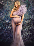 Solid Color Tulle Tutu One Shoulder Robe Mesh Ruffle Sheer Sashes Grenadine Photoshoot Maxi Dress Maternity