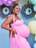 Solid Color Tulle Spaghetti Strap Backless Ruffle Lace-up Grenadine Photoshoot Gown Baby Shower Maternity Maxi Dress Maternity