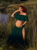Solid Color Off Shoulder Chiffon Crop Side Slit Ruffle Two Pieces High Waist Elegant Boho Gown Photoshoot Maternity Maxi Dress Maternity