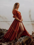 Off Shoulder Buttons Front Slit Open Train Elegant Photoshoot Maternity Maxi Dress Maternity