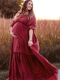 Off Shoulder Buttons Front Slit Open Train Elegant Photoshoot Maternity Maxi Dress Maternity