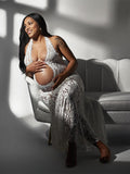 White Lace Cut Out Backless Mermaid Sheer Elegant Photoshoot Maternity Maxi Dress Maternity