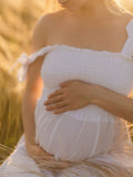 White Smocked Knotted Adjustable Strap Ruffle Falbala Babydoll Shirred Big Swing Elegant Baby Moon Going Out Boho Maternity Photoshoot Baby Shower Maxi Dress Maternity