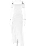 White Off Shoulder Ruched Ruffle Falbala Side Slit Bodycon Elegant Cocktail Evening Gown Gown Maternity Photoshoot Baby Shower Maxi Dress Maternity