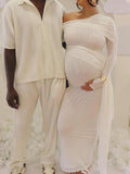 White Mesh Irregular Ruched Draped Off Shoulder Bodycon Elegant Cocktail Party Gown Maternity Photoshoot Baby Shower Maxi Dress Maternity